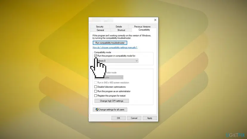 Properties Compatibility tab with Run this program in compatibility mode enabled