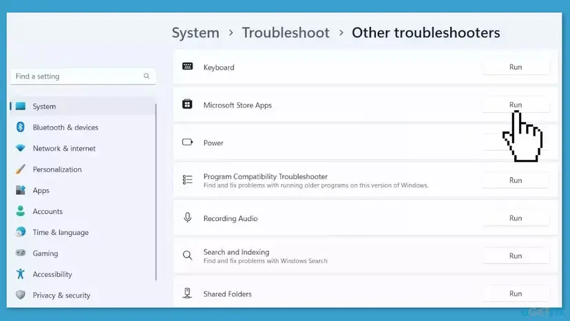 Windows 11 Settings, System, Troubleshoot, Other troubleshooters list with the Run button next to Microsoft Store Apps