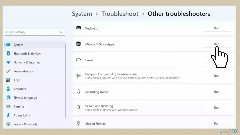 Windows 11 Settings, System, Troubleshoot, Other troubleshooters list with the Run button next to Microsoft Store Apps