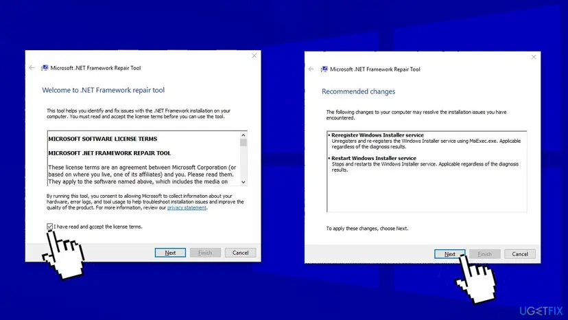 Microsoft .NET Framework Repair Tool windows: the welcome page with the licence terms ticked and the Recommended changes page listing a re-registration and a restart of the Windows Installer service