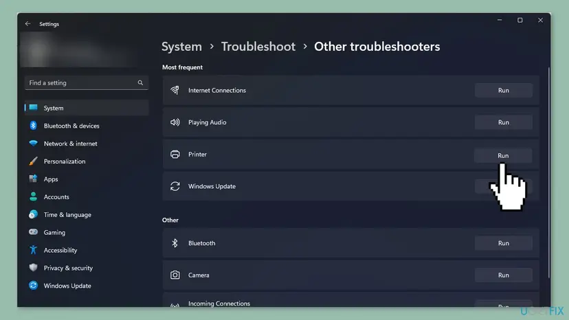 Windows 11 Settings, System, Troubleshoot, Other troubleshooters, with a Run button next to Printer in the Most frequent list