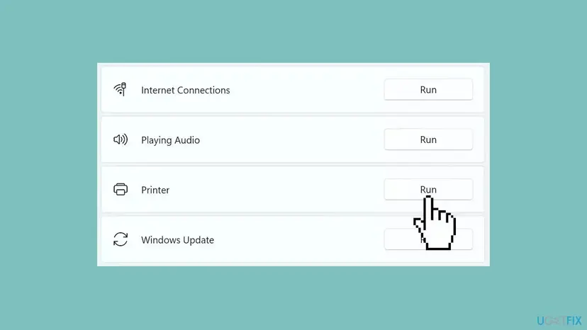 Windows 11 Other troubleshooters list with Internet Connections, Playing Audio, Printer and Windows Update, each with a Run button, the Printer one selected