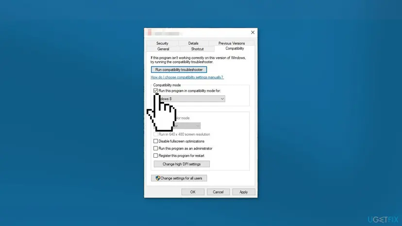 Compatibility tab of a program's properties with Run this program in compatibility mode for ticked and an older Windows version chosen in the list