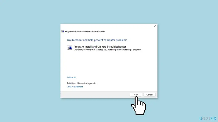 Program Install and Uninstall troubleshooter window from Microsoft Corporation with the Next button selected