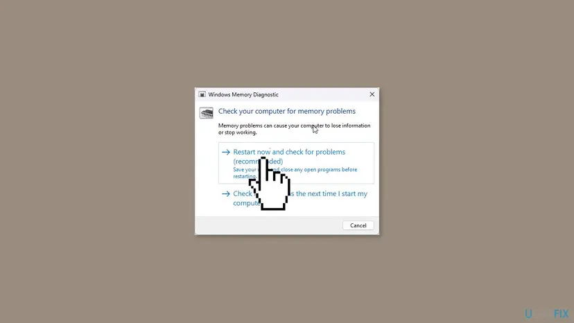 Windows Memory Diagnostic window with the option Restart now and check for problems (recommended) selected