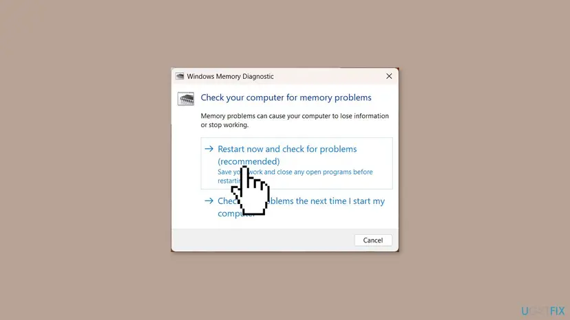 Windows Memory Diagnostic window on Windows 11 with the option Restart now and check for problems (recommended) and the option to check at the next start