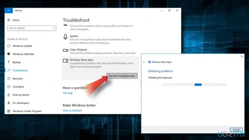 Windows 10 Settings, Update and Security, Troubleshoot list with Windows Store Apps and Run the troubleshooter, and the Detecting problems window