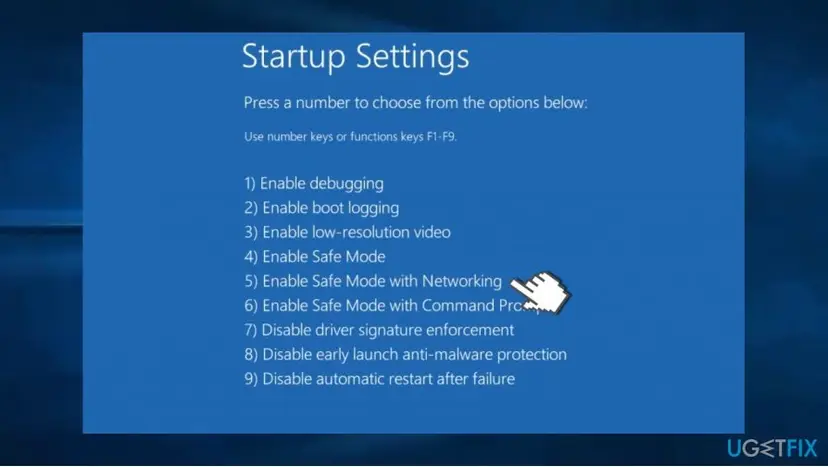 Windows Startup Settings screen listing nine options with 5 Enable Safe Mode with Networking pointed at