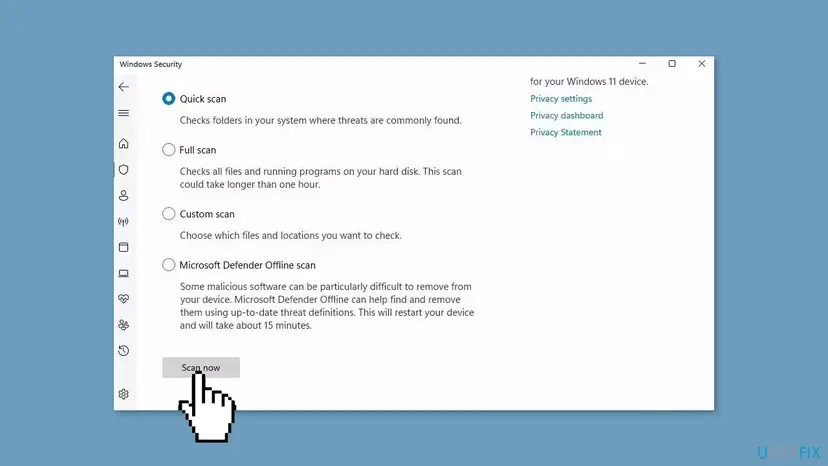Windows Security scan options with Quick scan, Full scan, Custom scan and Microsoft Defender Offline scan, and the Scan now button