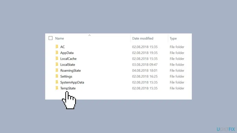 File Explorer list of an app package folder with the subfolders AC, AppData, LocalCache, LocalState, RoamingState, Settings, SystemAppData and TempState