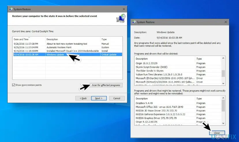 Select a restore point