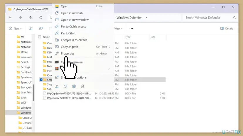 Windows 11 File Explorer with a folder right-clicked and the Properties entry selected in the context menu