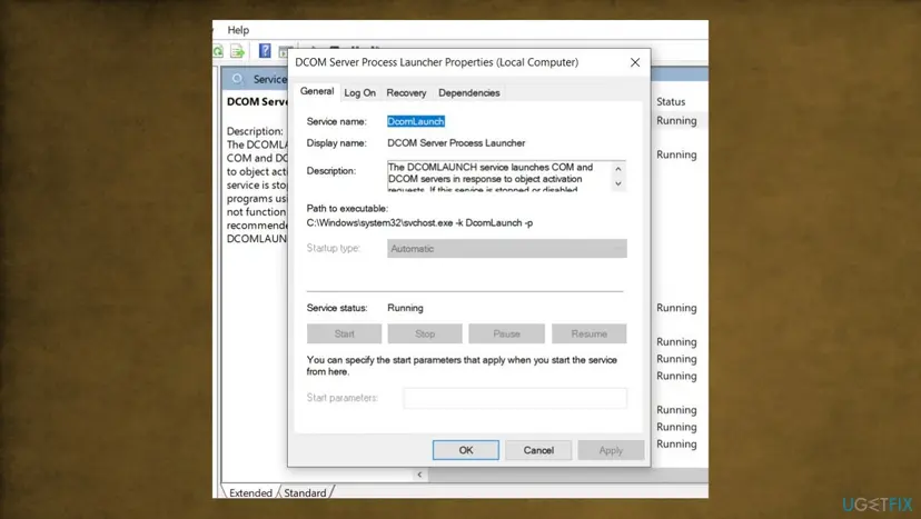Properties window of the DCOM Server Process Launcher service on the General tab, with the Dependencies tab, the service name DcomLaunch and a greyed out Startup type of Automatic