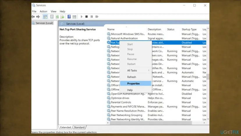 Services window with Net.Tcp Port Sharing Service selected, its Startup Type shown as Disabled and the right-click menu open on Properties