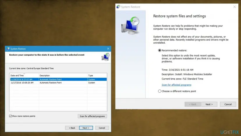 System Restore windows with the Restore system files and settings start page and the list of restore points with Show more restore points ticked