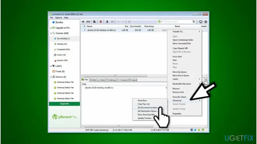 uTorrent right-click menu on a torrent with Advanced open and Set Download Location highlighted