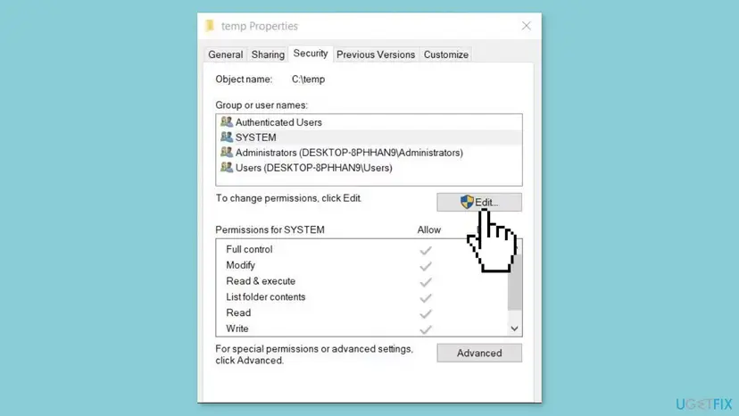 Properties window of a temp folder on the Security tab with the user list and the Allow column for Full control, Modify and Write