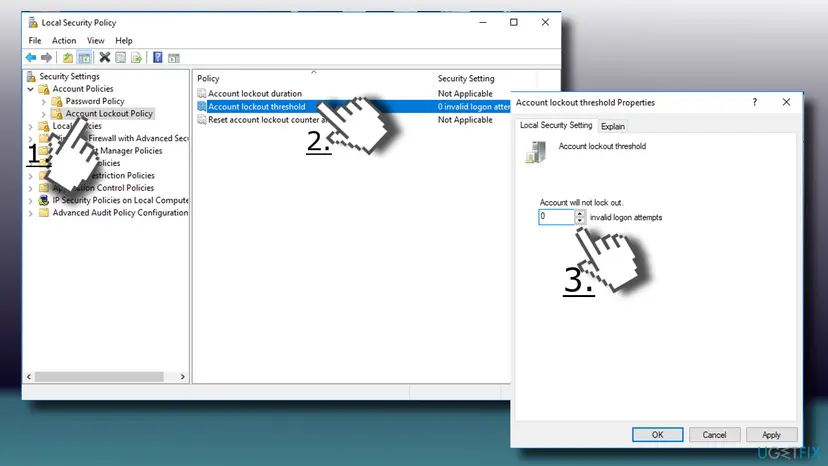 Account Lockout Policy in Local Security Policy with the Account lockout threshold Properties dialog open and the invalid logon attempts number field
