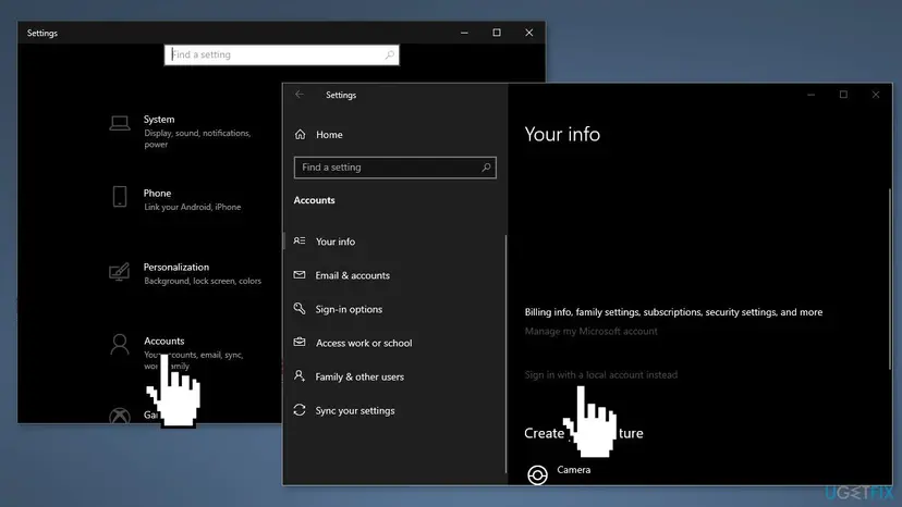 Windows 10 Settings with Accounts selected and the Your info page showing the link Sign in with a local account instead