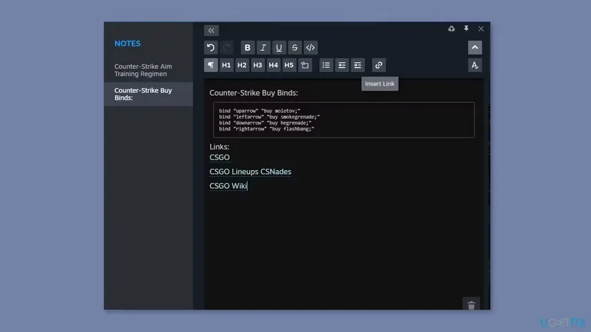 Steam Notes window displaying Counter-Strike buy binds and formatting options