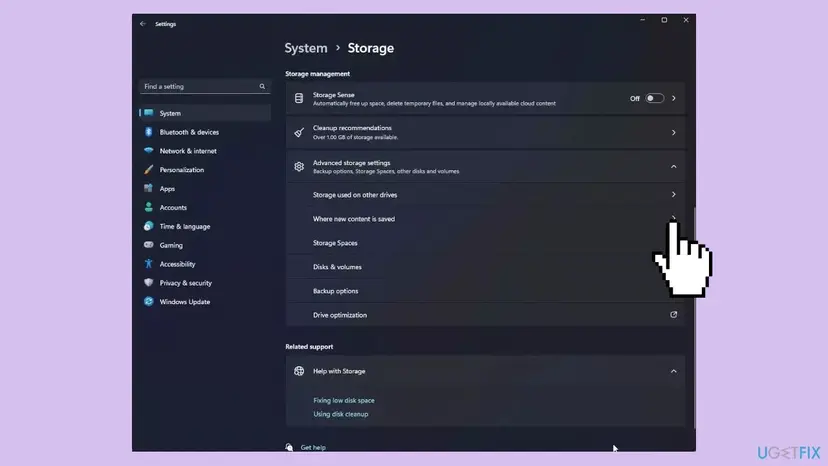 Windows 11 Settings at System, Storage with Advanced storage settings expanded and the entry Where new content is saved