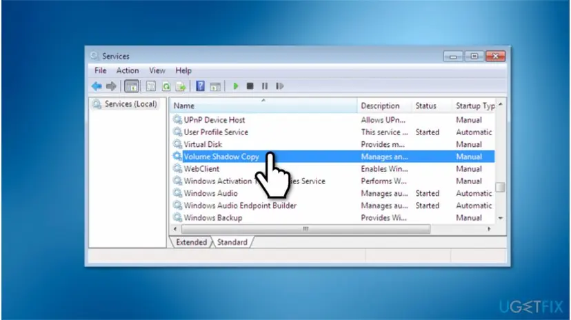 Start shadow volume copies to get rid of 0x80070005 error