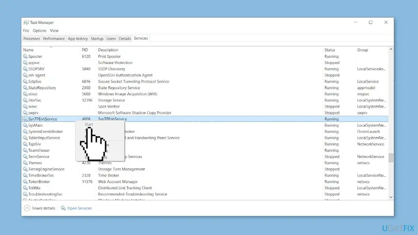 Task Manager on Windows 10, Services tab, with SynTPEnhService selected, status Running, and the right-click menu showing Start