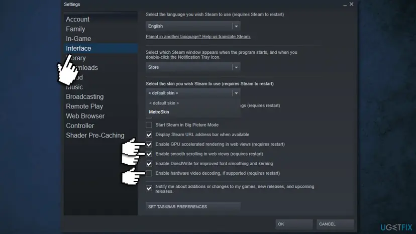 Steam Settings on the Interface page with the options Enable GPU accelerated rendering in web views, Enable smooth scrolling in web views and Enable hardware video decoding marked