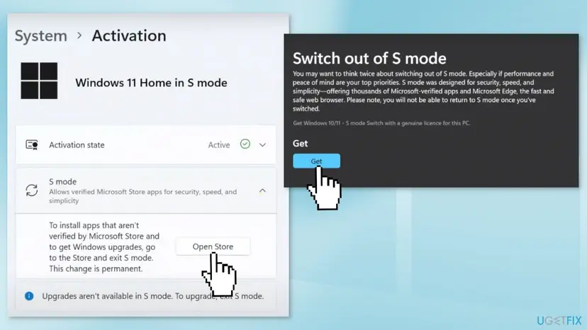Windows 11 Settings, System, Activation page showing Windows 11 Home in S mode, the S mode section with the Open Store button and the Switch out of S mode page with the Get button