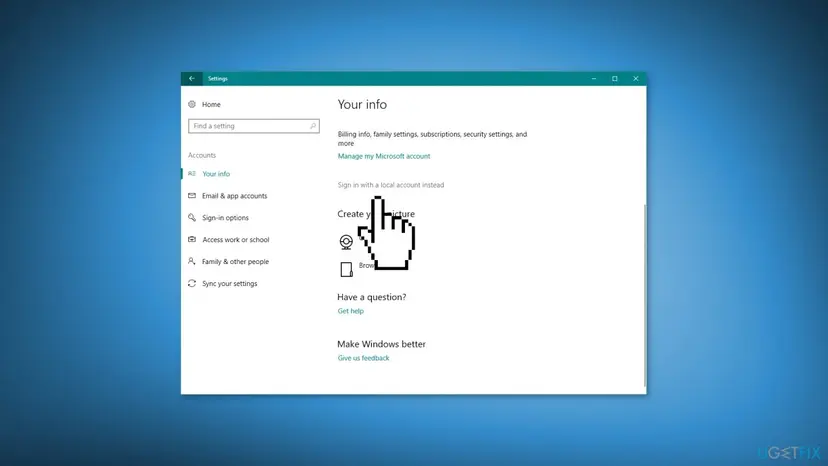 Windows 10 Settings, Accounts, Your info page with the link Sign in with a local account instead under Manage my Microsoft account