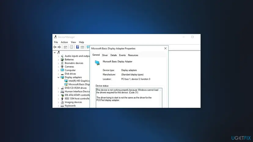 Device Manager on Windows 10 with Intel HD Graphics and Microsoft Basic Display Adapter listed, and the adapter's Properties showing Code 31