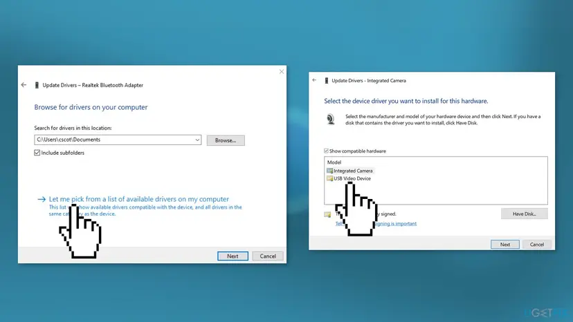 Update Drivers windows with the link Let me pick from a list of available drivers and the model list where USB Video Device is offered next to Integrated Camera