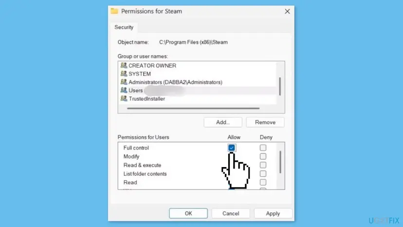 Permissions for Steam dialog in Windows with the Full control checkbox in the Allow column