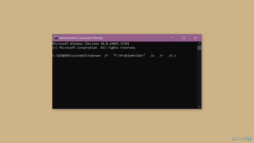 Administrator Command Prompt with the takeown /f "F:\ProblemFolder" /a /r /d y command typed in, ready to run