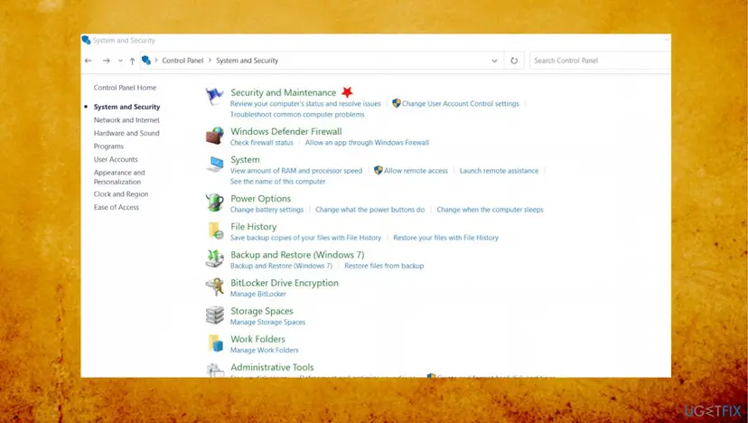 System and Security settings window in Windows Control Panel with the Security and Maintenance link