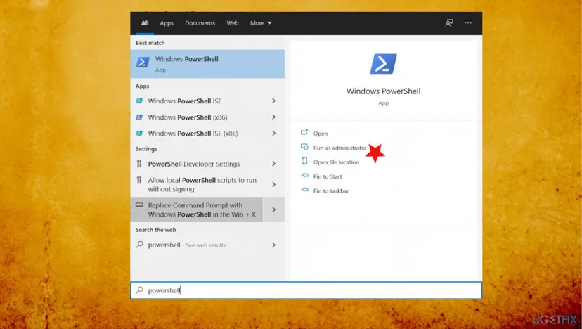 Windows search results for powershell with the Run as administrator option highlighted