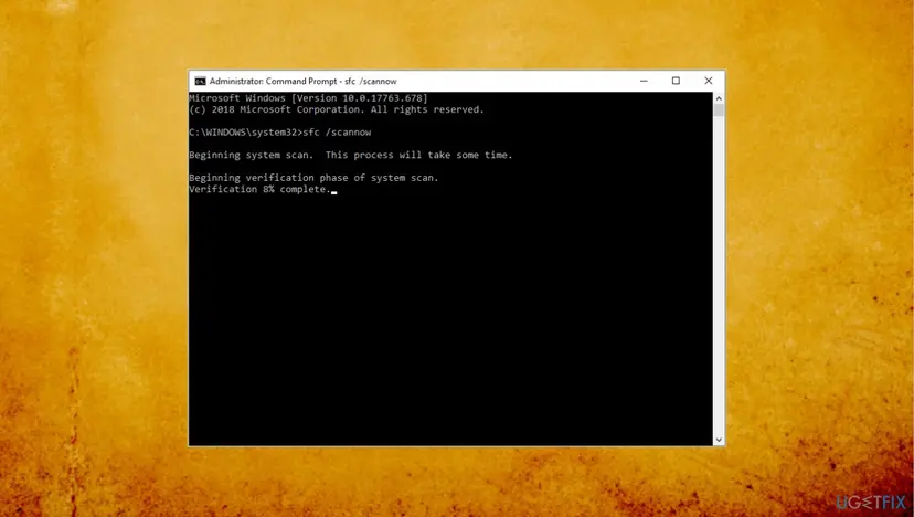 Administrator Command Prompt running the sfc /scannow system scan with the progress message