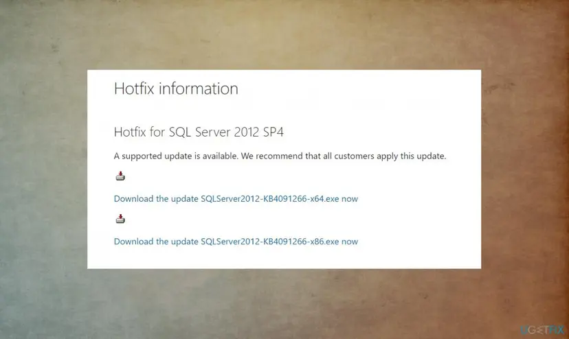 Microsoft hotfix page titled Hotfix for SQL Server 2012 SP4 with download links for SQLServer2012-KB4091266 x64 and x86
