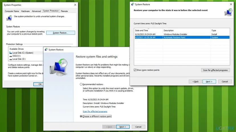 System Restore windows on Windows 10 with the restore point list, Show more restore points and Scan for affected programs