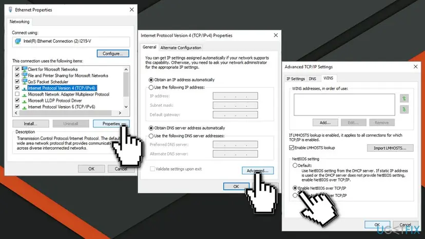 Ethernet Properties, Internet Protocol Version 4 Properties and Advanced TCP/IP Settings with the WINS tab and Enable NetBIOS over TCP/IP selected