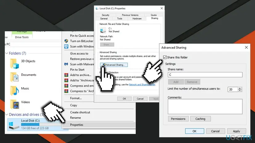 Local Disk Properties with the Sharing tab showing Not Shared, and the Advanced Sharing dialog with Share this folder ticked and the share name field