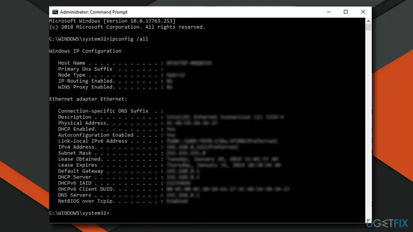 Administrator Command Prompt with the output of ipconfig /all, showing the Ethernet adapter, IPv4 Address and NetBIOS over Tcpip lines