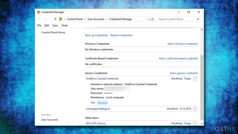 Windows 10 Credential Manager in Control Panel with a saved credential expanded, showing its user name, hidden password, persistence and the Remove link