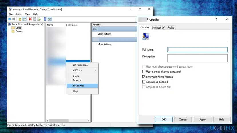 Local Users and Groups on Windows 10 with a user's Properties window open on the General tab, showing the Account is disabled and Account is locked out boxes