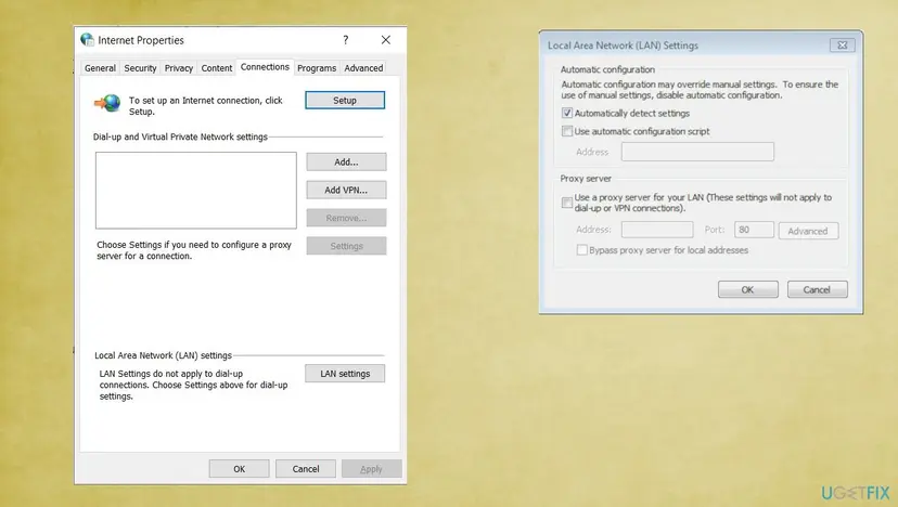 Internet Properties window on the Connections tab beside the Local Area Network settings dialog with the proxy option
