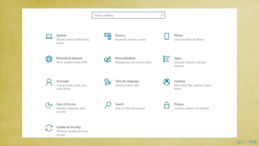 Windows 10 Settings home screen with the Update and Security category visible, opened with Windows plus I
