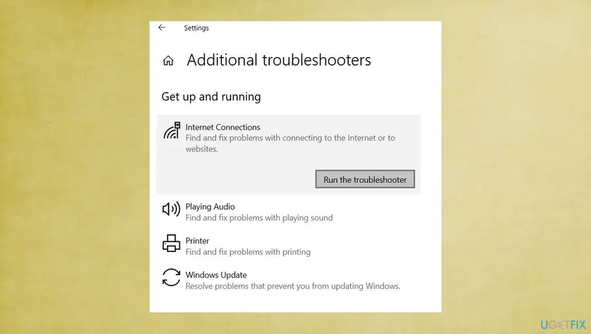 Windows Settings Troubleshoot page with Internet Connections selected and the Run the troubleshooter button