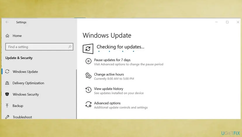 Windows Update screen in Settings with the Check for updates button and the View update history link