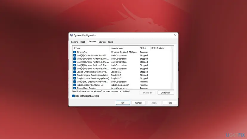 System Configuration window on the Services tab with Hide all Microsoft services ticked and the Disable all button visible