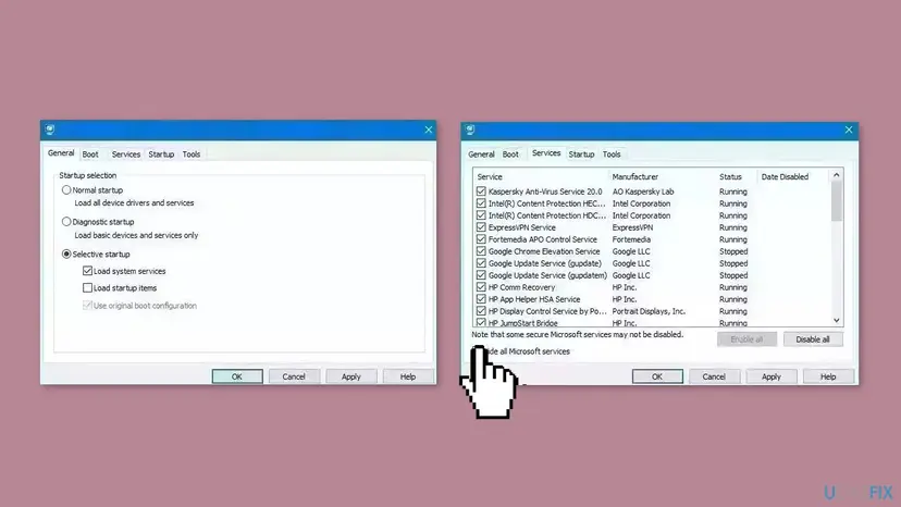 System Configuration window on the Services tab with Hide all Microsoft services ticked and the Disable all button